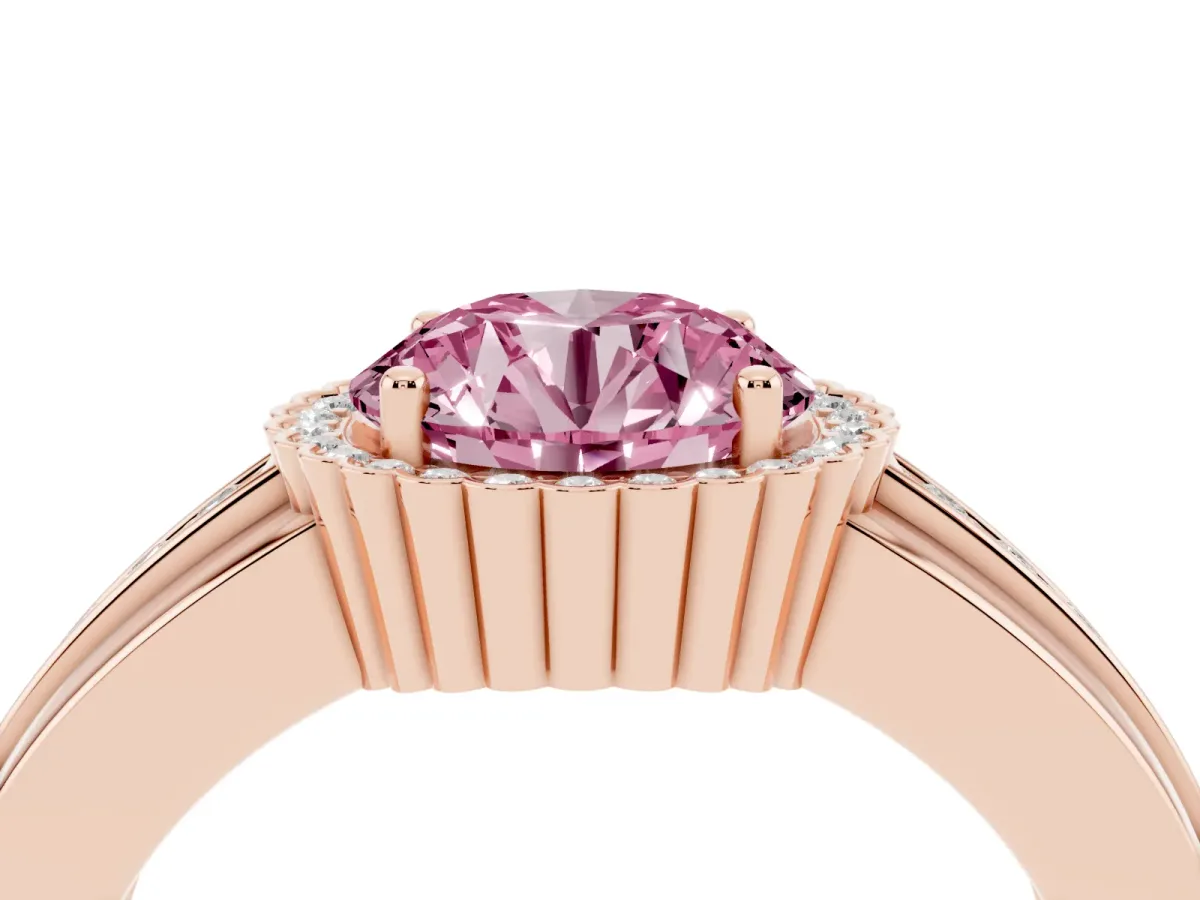Fancy Pink Round Cut Cut Halo Pave Band Four-Prong Ring Rose gold
