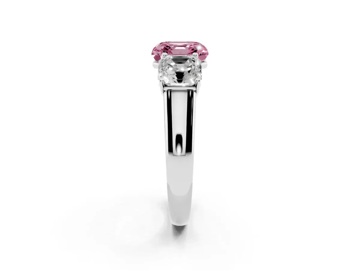 Fancy Pink Asscher Cut Three-Stone Diamond Ring with Prong Setting on a Classic Band Platinum