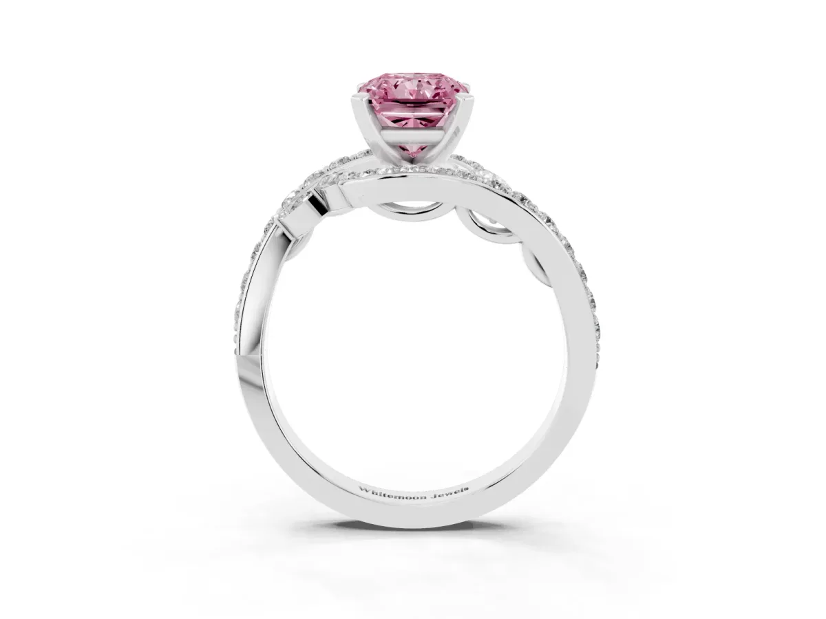 Fancy Pink Radiant Cut Solitaire with Pavé Twist Band and Four-Prong Setting Platinum