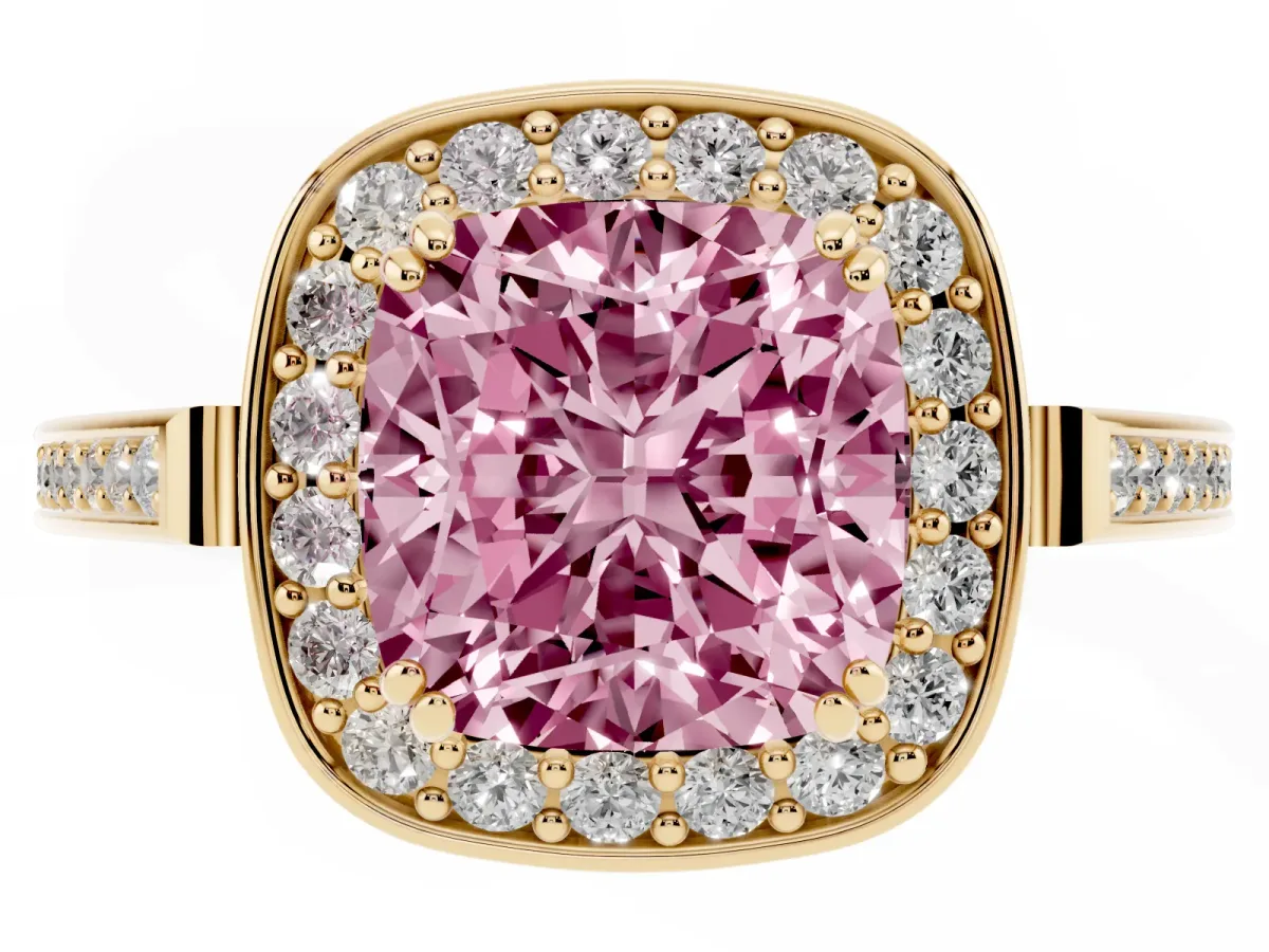 Fancy Pink Cushion Cut Diamond Halo Ring with Split Shank and Four-Prong Setting Yellow gold