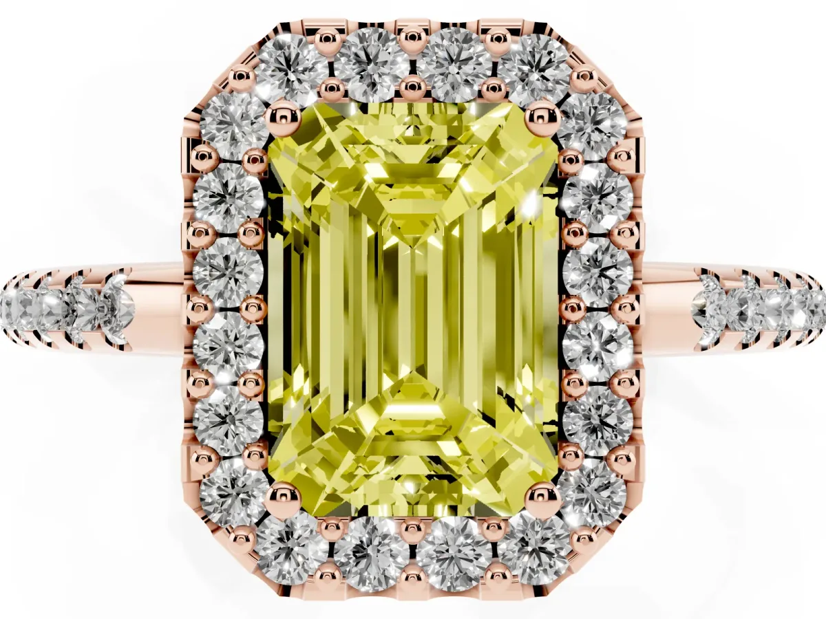 Fancy Yellow Emerald Cut Diamond Pavé Halo Ring with Four-Prong Setting Rose gold