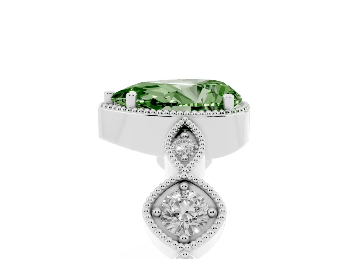 Fancy Green Pear Cut Diamond Vintage Milgrain Ring with Round Stations Platinum