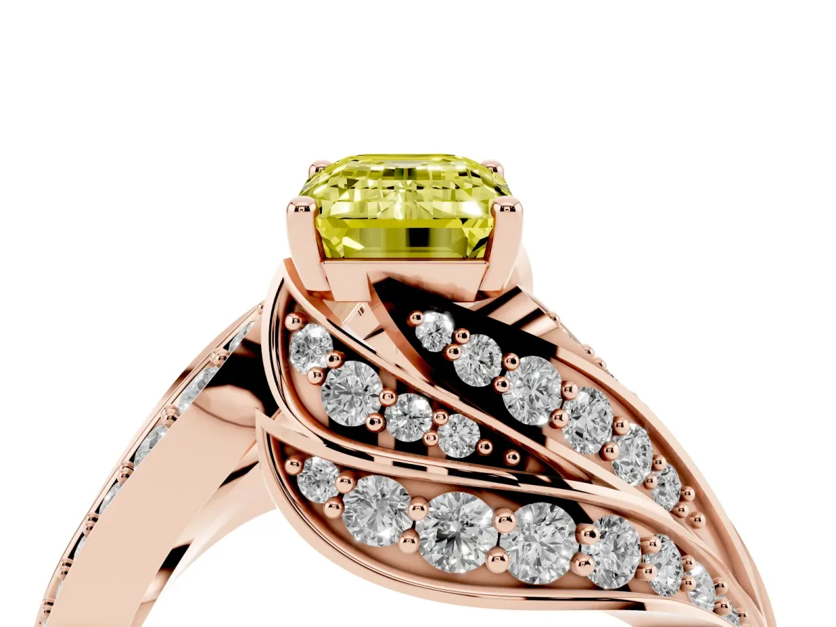 Fancy Yellow Emerald Cut Diamond Solitaire Ring with Prong Setting and Twisted Pavé Band Rose gold