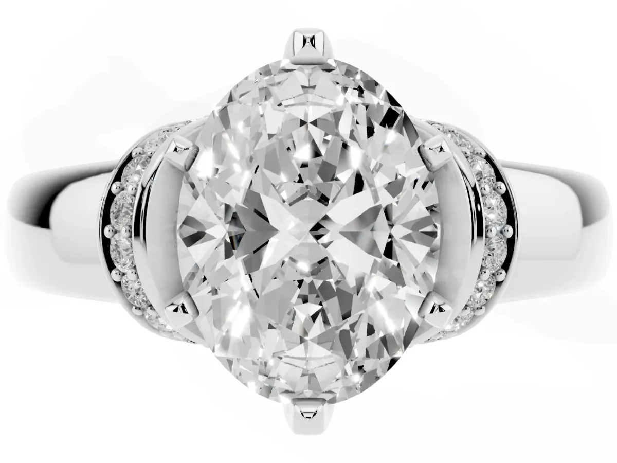 Oval Cut Solitaire Diamond Ring with Pave Band and Six-Prong Setting Silver
