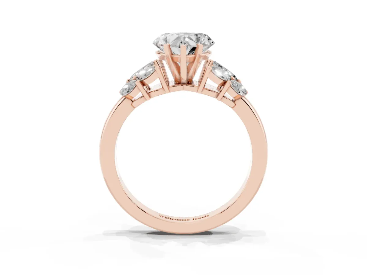 Heart Cut Diamond Cluster Leaf Design Ring with Prong Setting Rose gold