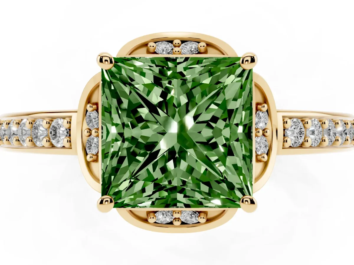 Fancy Green Princess Cut Cut Halo Diamond Ring with Channel Set Band and Four-Prong Setting Yellow gold