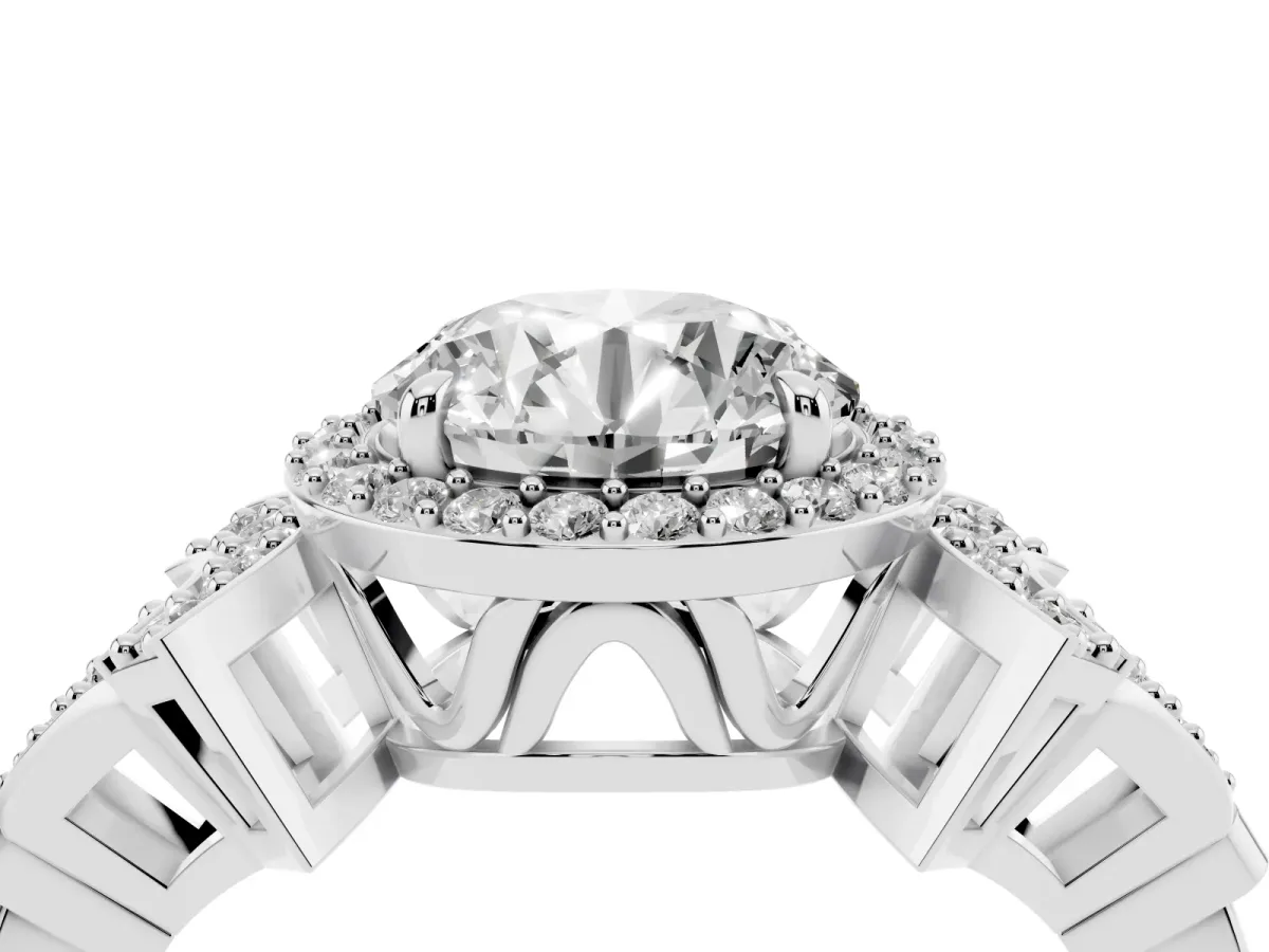 Round Cut Halo Diamond Split Shank Engagement Ring with Four-Prong Setting Silver
