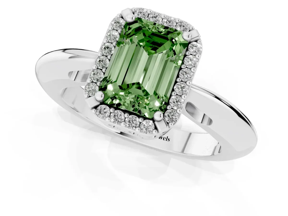 Fancy Green Emerald Cut Cut Diamond Halo Engagement Ring with Split Shank and Four-Prong Setting Silver