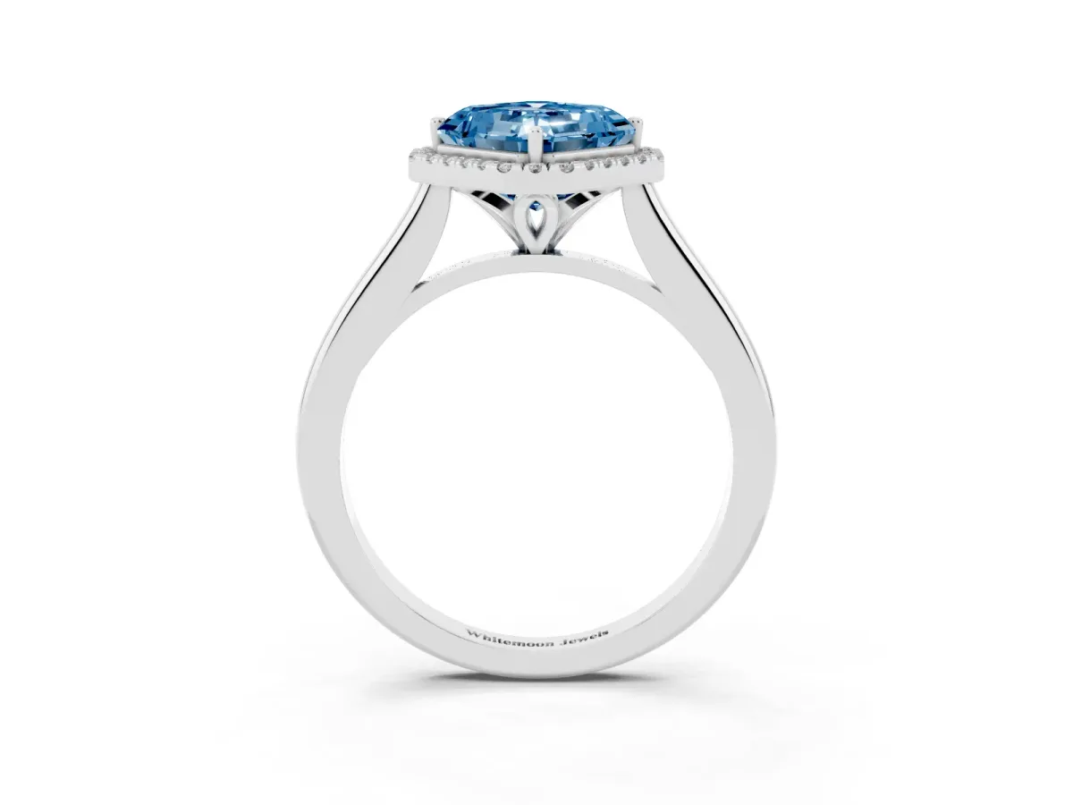 Fancy Blue Asscher Cut Halo Round Diamond Solitaire Engagement Ring with Pave Band and Four-Prong Setting White gold
