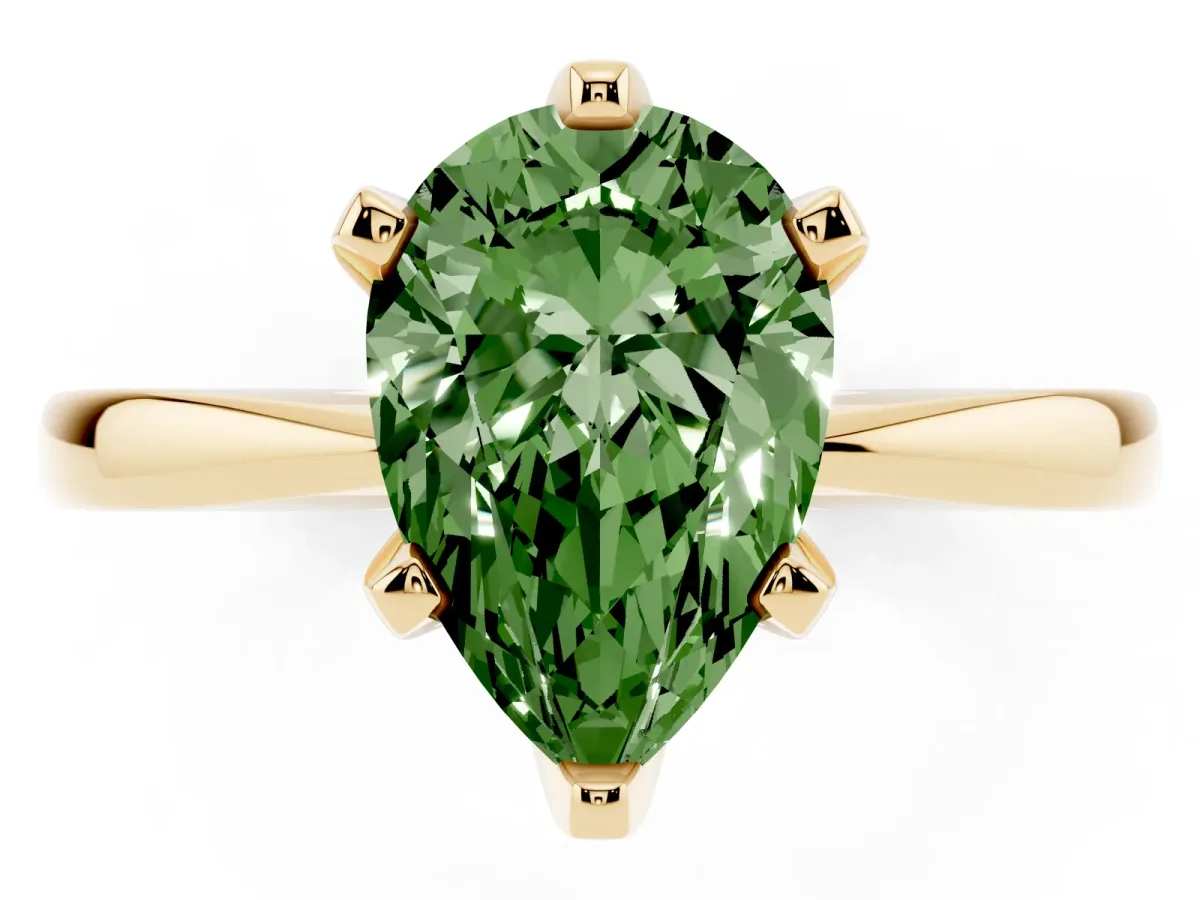 Fancy Green Pear Cut Solitaire Engagement Ring with Six-Prong Setting and Tapered Band Yellow gold