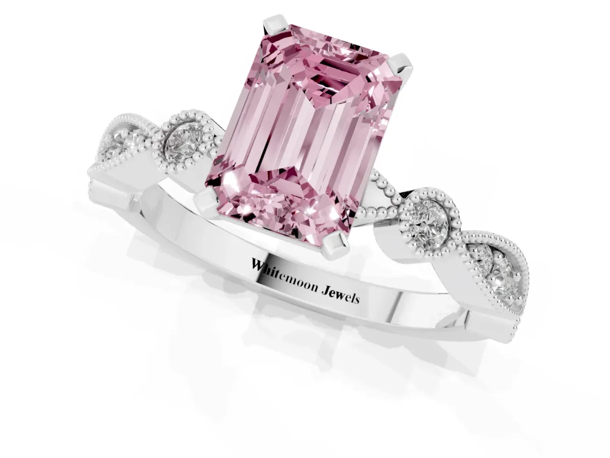 Fancy Pink Emerald Cut Milgrain Bezel Diamond Engagement Ring with Solitaire Prong Setting Silver