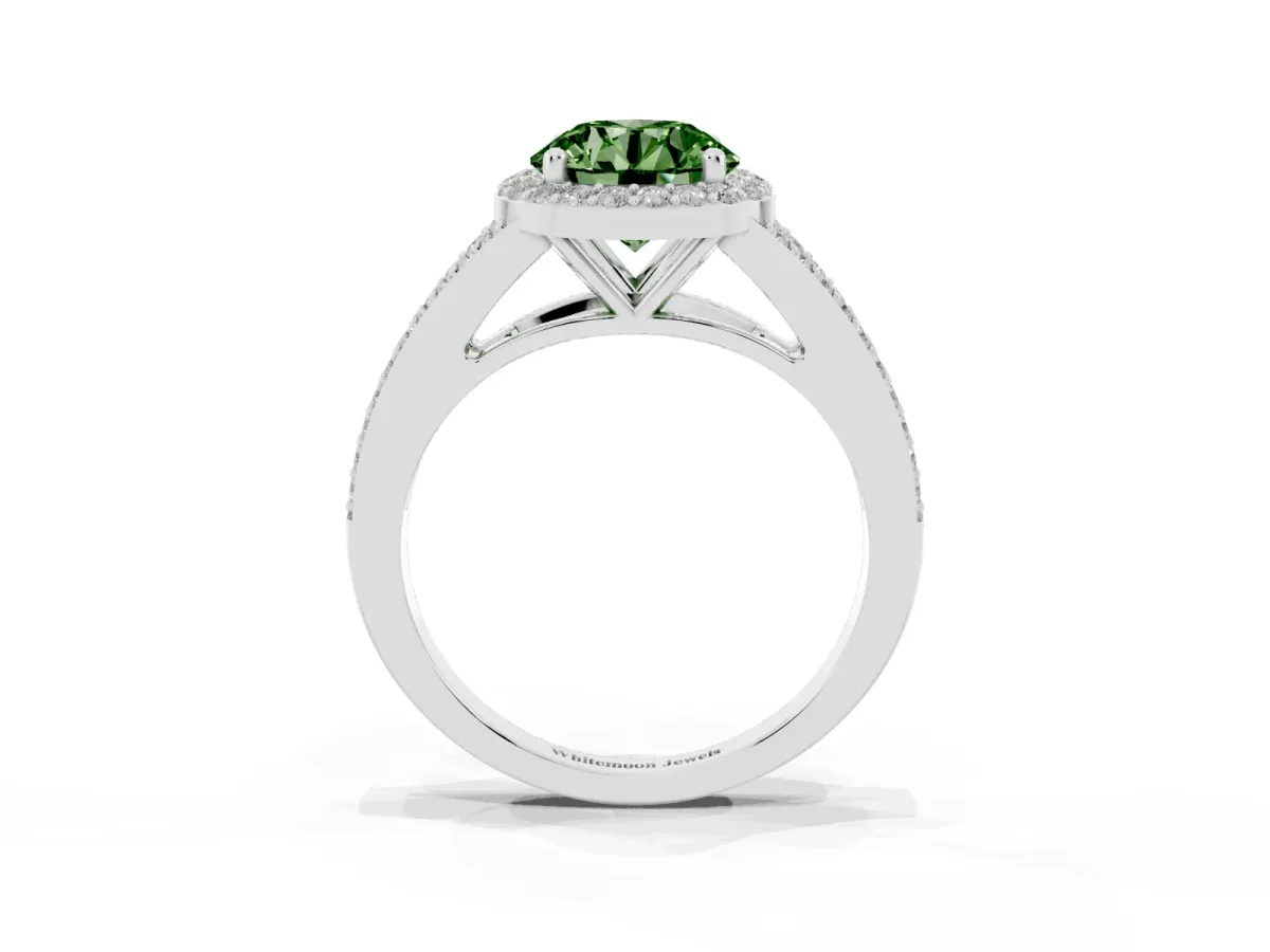 Fancy Green Round Cut Halo Split Shank Diamond Ring with Prong Setting Silver