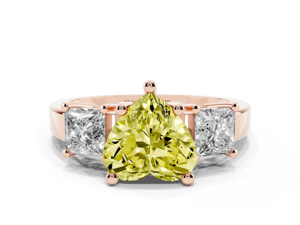 Fancy Yellow Three-Stone Heart Cut Cut Solitaire Ring with Prong Setting Rose gold