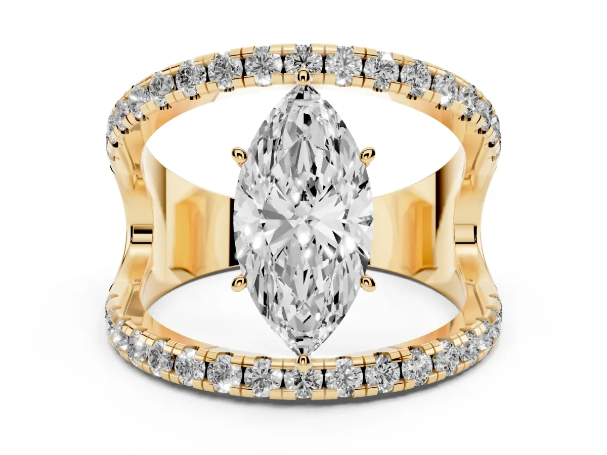 Marquise Cut Solitaire Split Shank Pave Diamond Ring Yellow gold