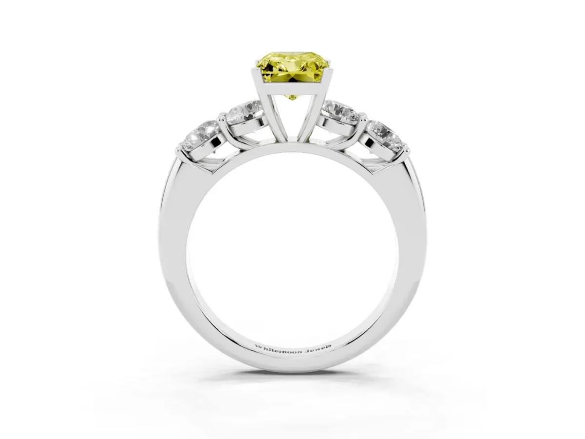 Fancy Yellow Radiant Cut Cut Five-Stone Prong Set Diamond Ring with Classic Band Silver