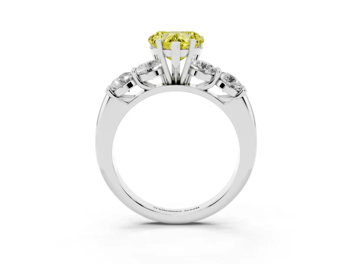 Fancy Yellow Heart Cut Cut Five-Stone Prong Set Diamond Ring with Classic Band Silver