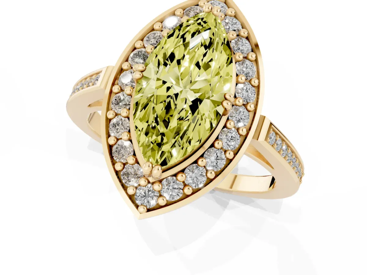 Fancy Yellow Marquise Cut Diamond Halo Ring with Split Shank and Four-Prong Setting Yellow gold