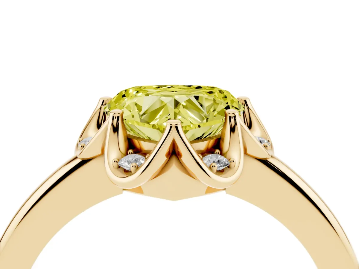 Fancy Yellow Heart Cut Halo Diamond Ring with Round Cluster Setting, Solitaire Band, and Four-Prong Setting Yellow gold