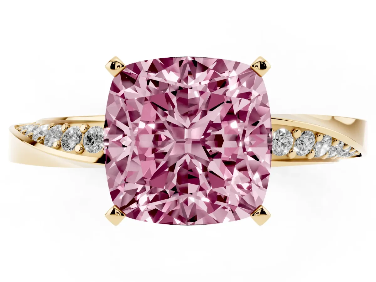 Fancy Pink Cushion Cut Diamond Engagement Ring with Side Stone Accents and Four-Prong Setting Yellow gold