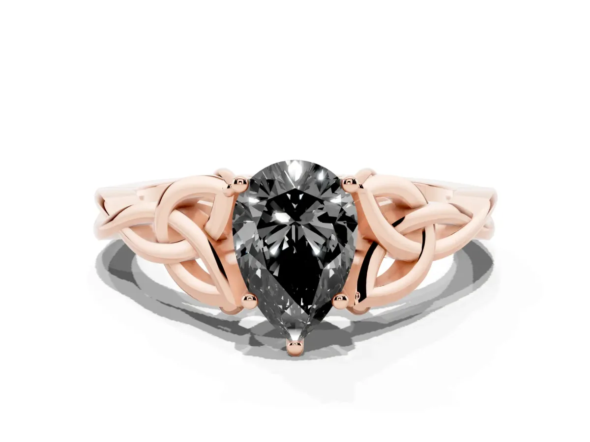 Fancy Black Pear Cut Diamond Solitaire Engagement Ring with Celtic Knot Band and Four-Prong Setting Rose gold