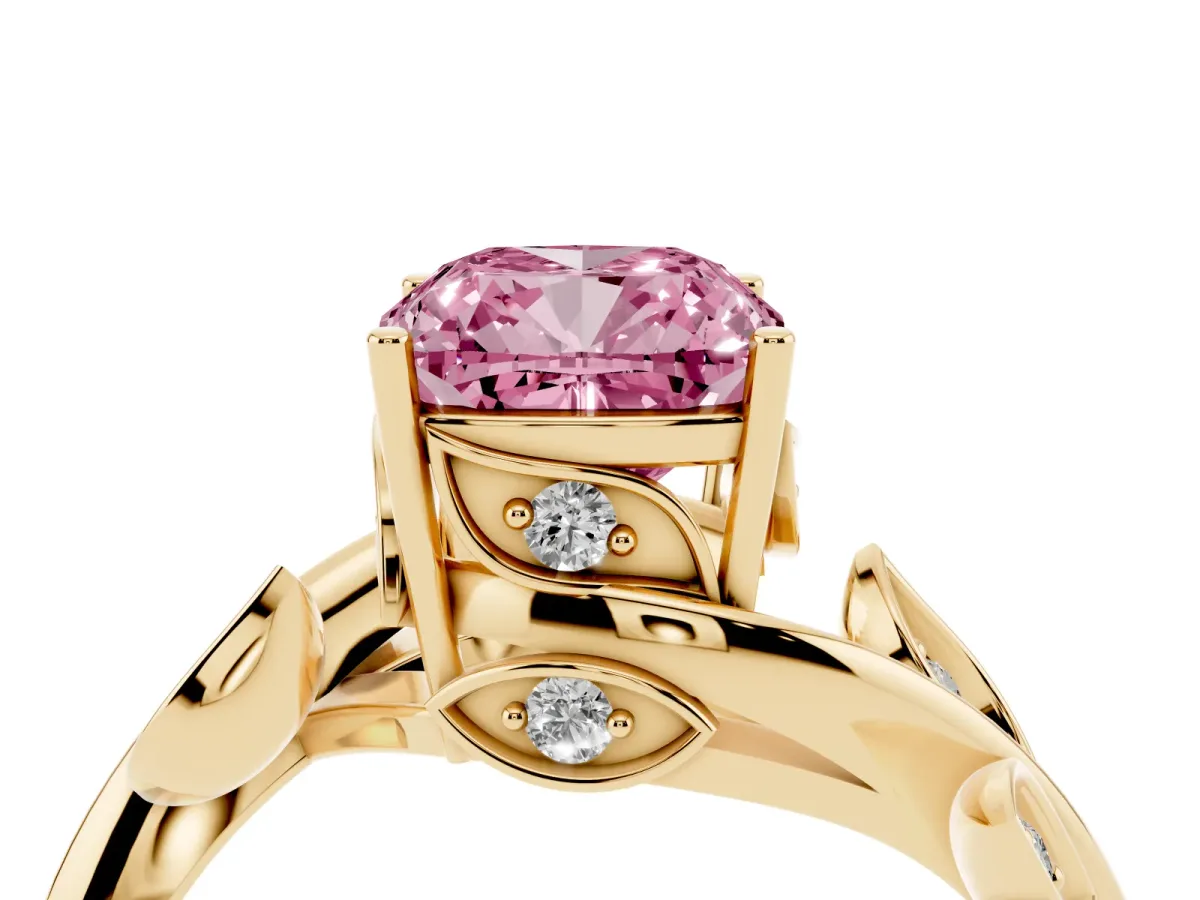 Fancy Pink Cushion Cut Solitaire Twist Engagement Ring with Leaf Accents and Prong Setting Yellow gold