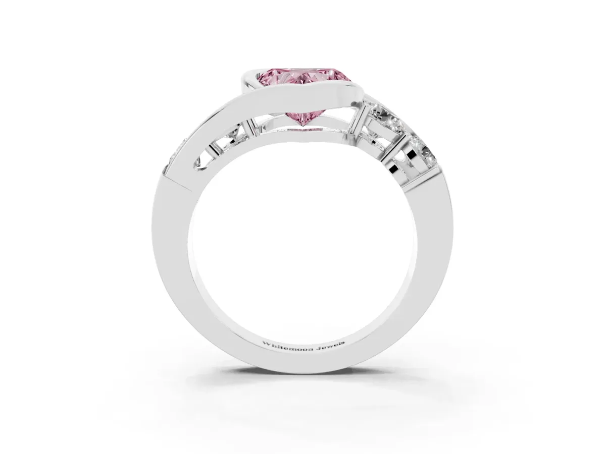 Fancy Pink Bezel Set Heart Cut Diamond Bypass Ring with Round Accents Platinum
