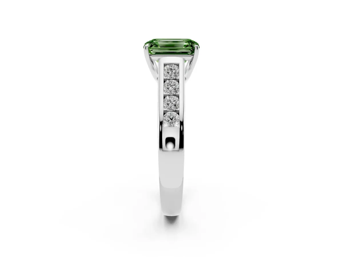 Fancy Green Emerald Cut Solitaire Channel-Set Diamond Engagement Ring with Four-Prong Setting Silver