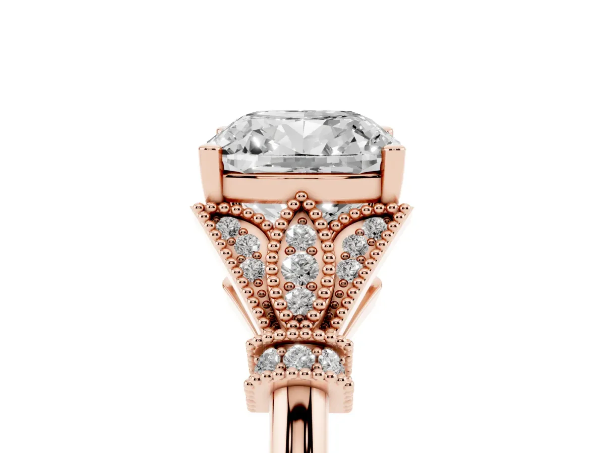Cushion Cut Diamond Solitaire Ring with Floral Filigree and Pave Accents Rose gold