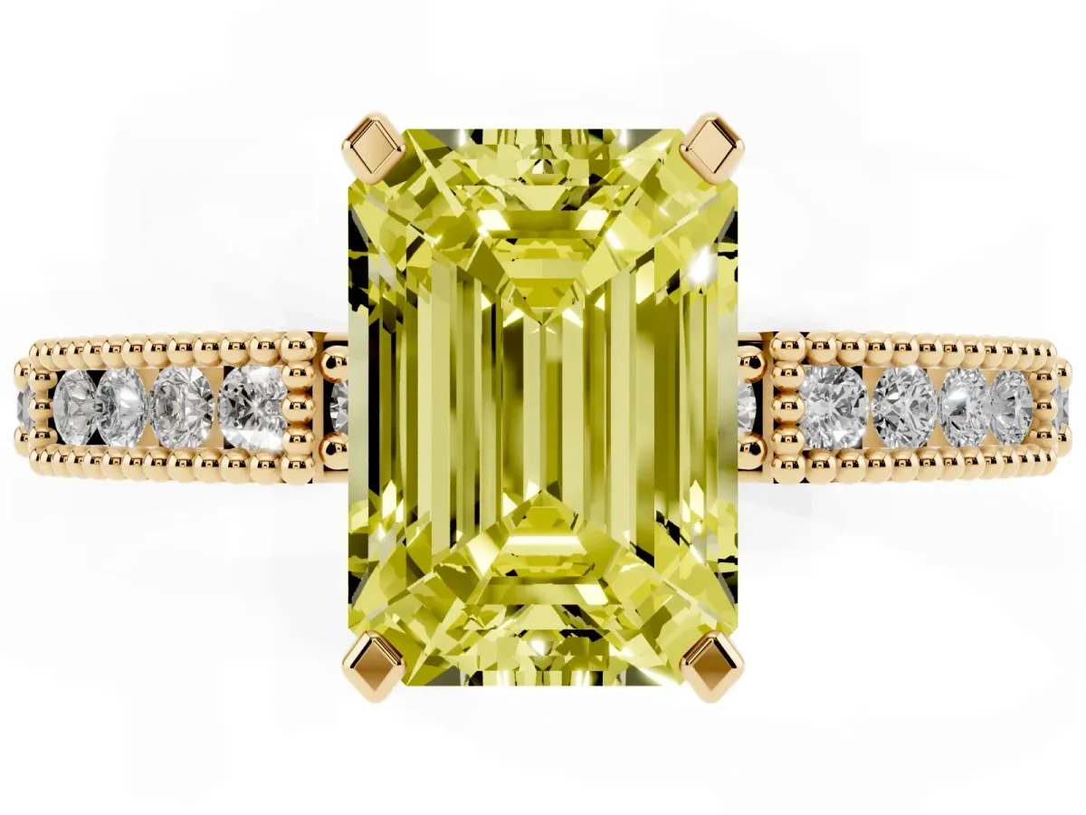 Fancy Yellow Emerald Cut Solitaire with Pavé Band and Four-Prong Setting Yellow gold