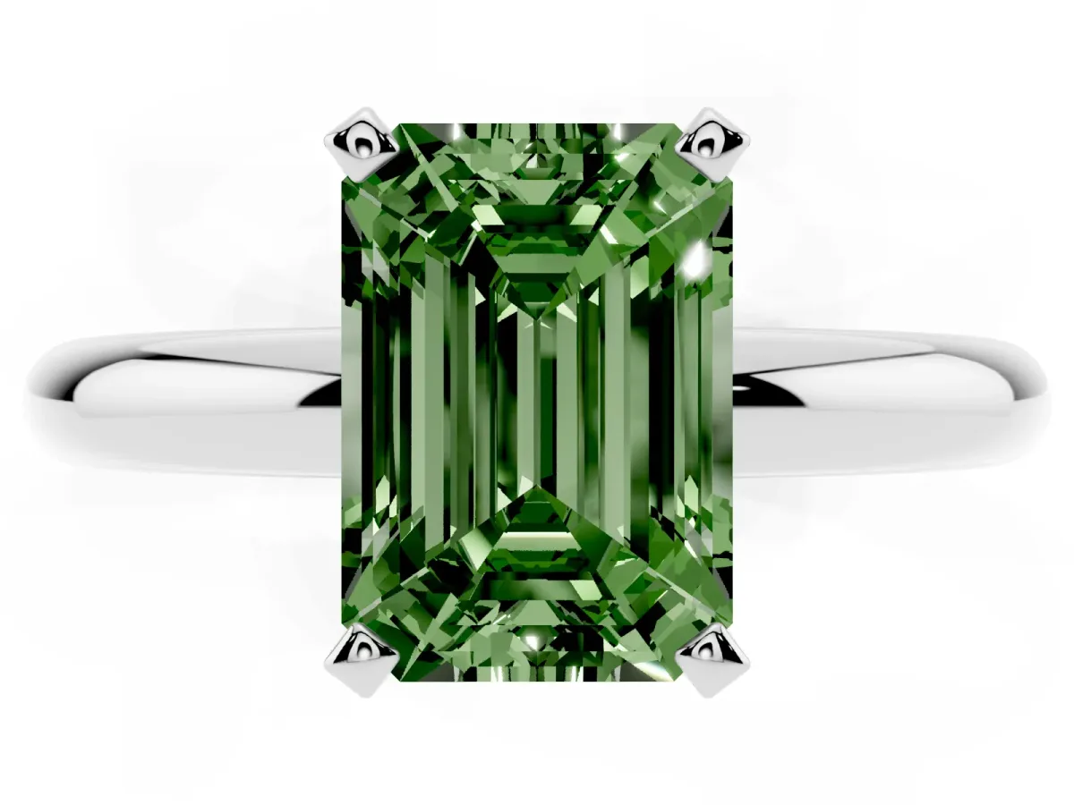 Fancy Green Emerald Cut Diamond Solitaire Engagement Ring with Round Band and Four-Prong Setting Platinum