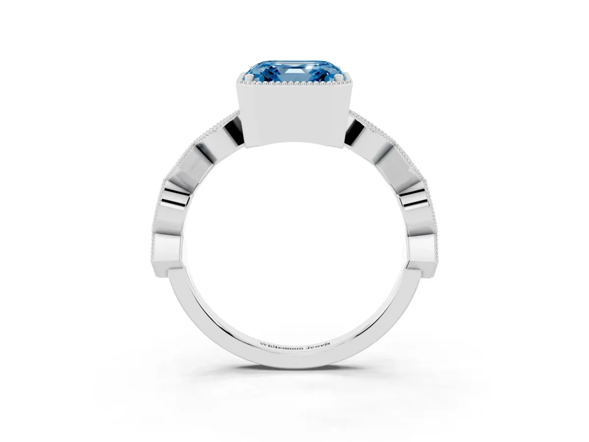 Fancy Blue Asscher Cut Milgrain Marquise Diamond Twist Band Ring Silver