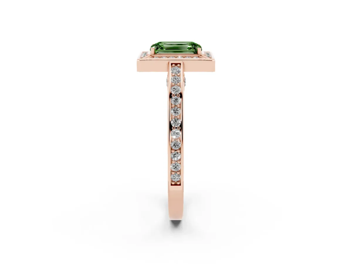 Fancy Green Emerald Cut Cut Halo Pave Split Shank Prong Setting Ring Rose gold