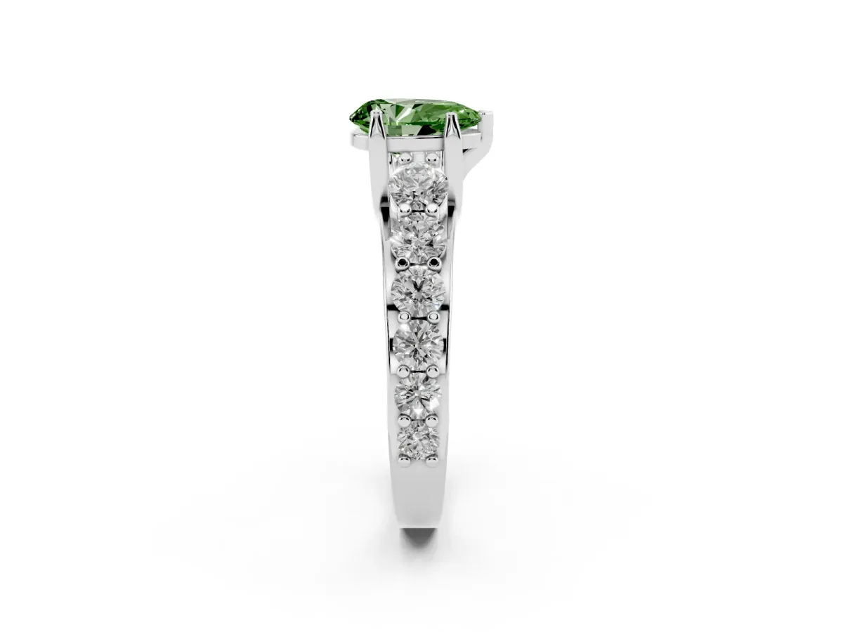 Fancy Green Pear Cut Diamond Engagement Ring with Pavé Band and Four-Prong Setting White gold