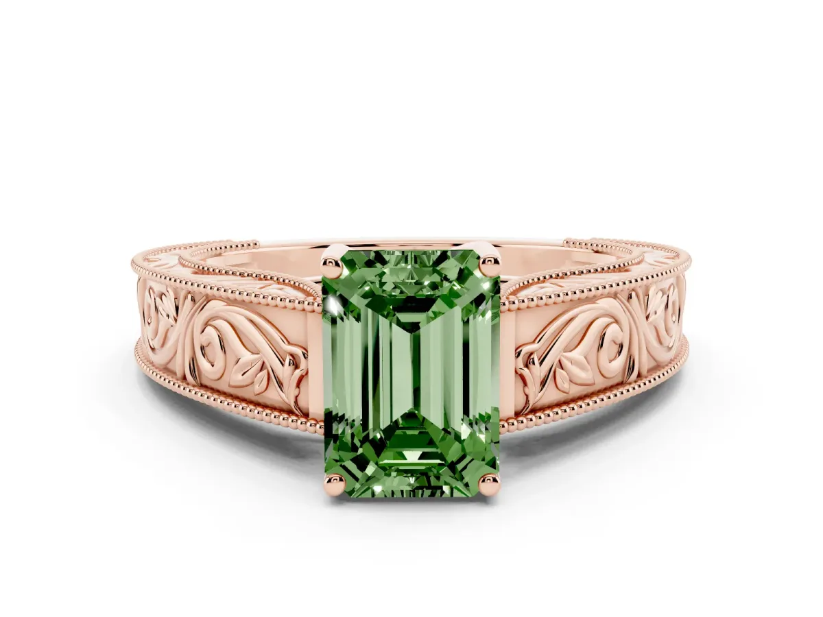Fancy Green Emerald Cut Diamond Solitaire Ring with Engraved Band and Four-Prong Setting Rose gold