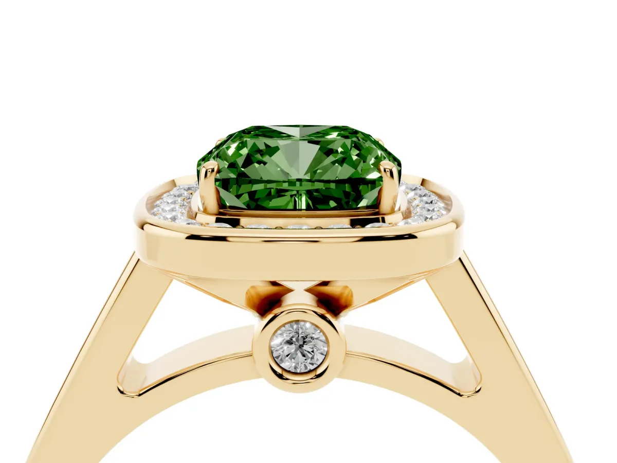Fancy Green Cushion Cut Halo Solitaire Diamond Ring with Pave Band and Bezel Setting Yellow gold