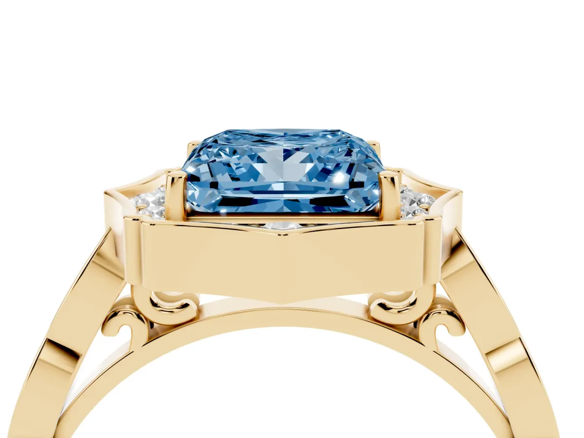 Fancy Blue Princess Cut Halo Diamond Engagement Ring with Milgrain Band and Four-Prong Setting Yellow gold