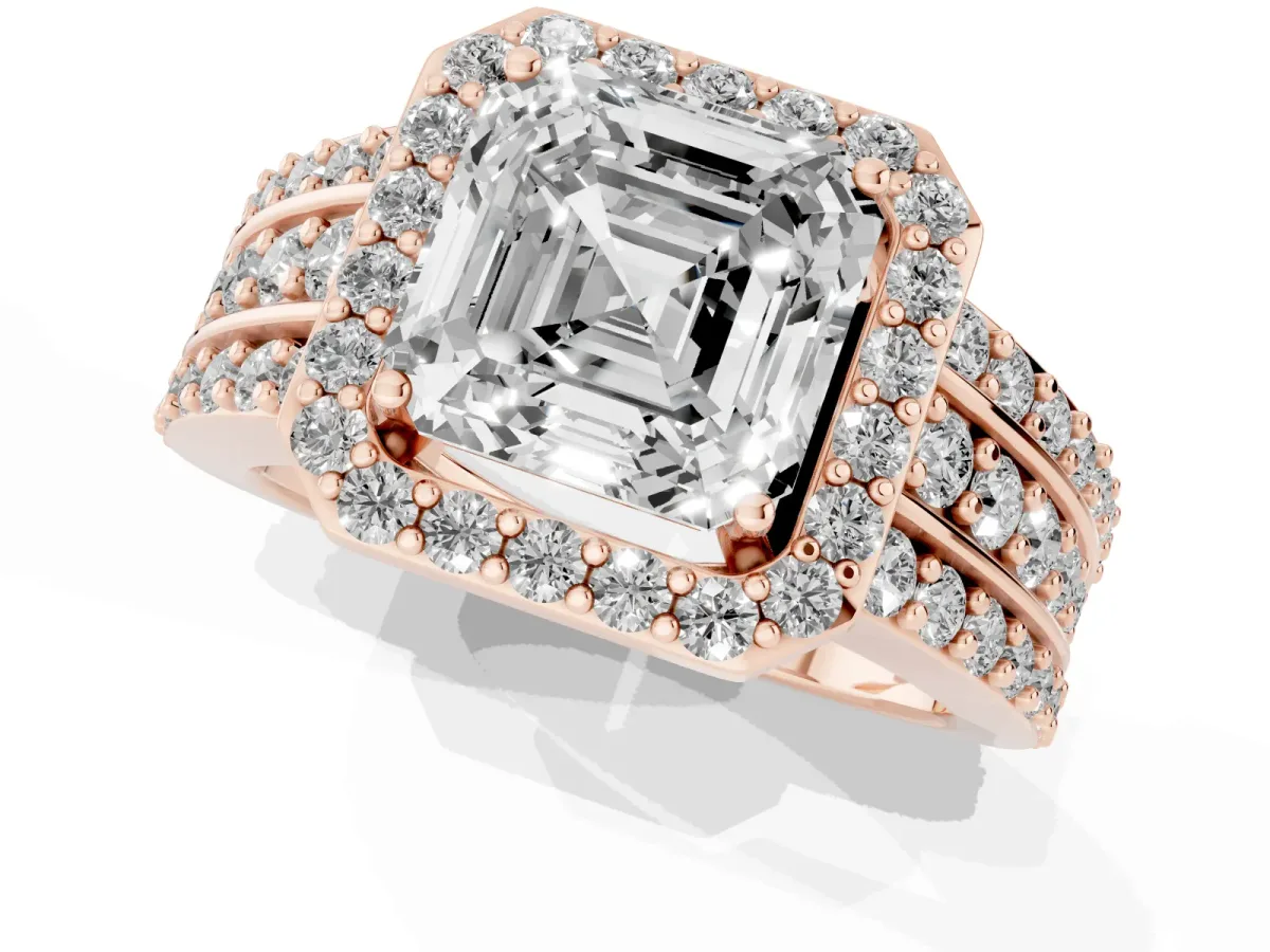 Asscher Cut Halo Diamond Ring with Round Split Shank and Prong Setting Rose gold
