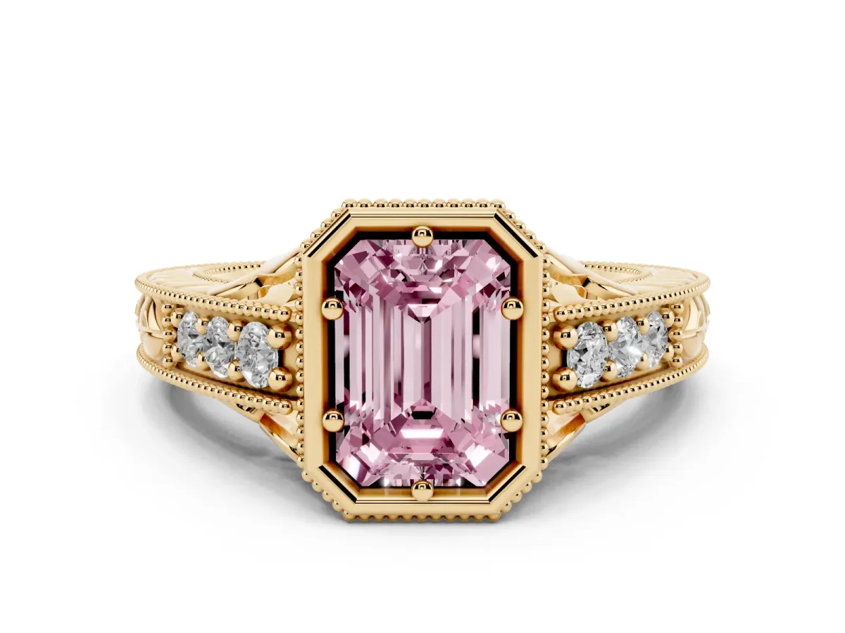 Fancy Pink Bezel Set Emerald Cut Diamond Milgrain Pave Engagement Ring Yellow gold