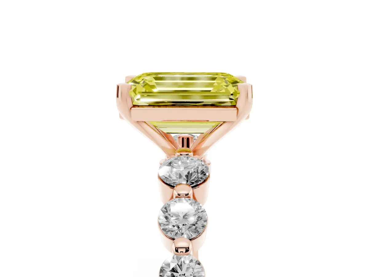 Fancy Yellow Emerald Cut Solitaire Diamond Ring with Pave Band and Four-Prong Setting Rose gold