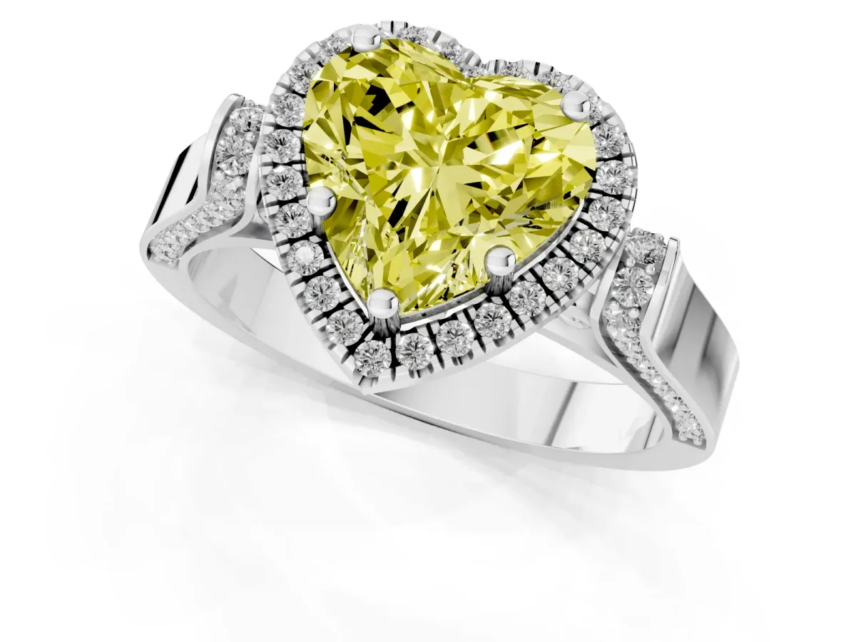 Fancy Yellow Heart Cut Halo Round Diamond Twist Band with Four-Prong Setting Platinum