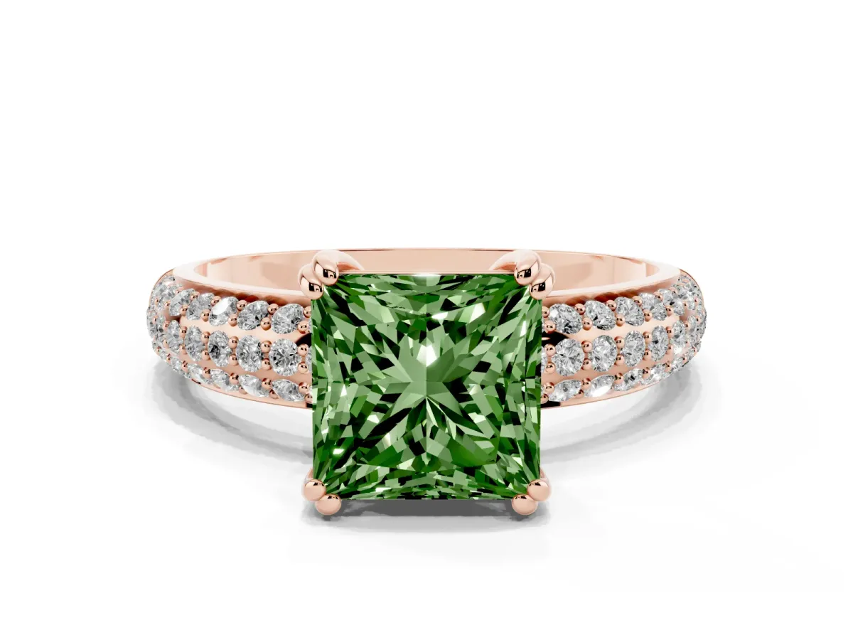 Fancy Green Princess Cut Diamond Solitaire Ring with Multi-Row Round Pavé Band and Prong Setting Rose gold