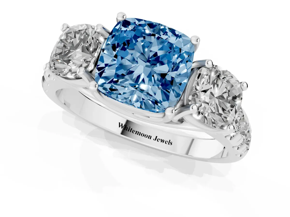 Fancy Blue Three-Stone Cushion Cut Diamond Pavé Band with Prong Setting Silver