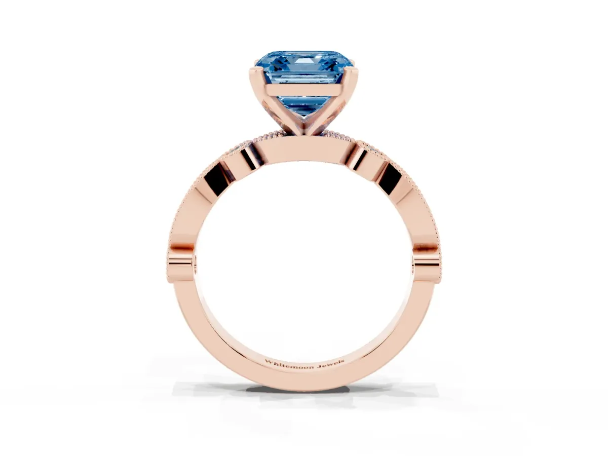 Fancy Blue Asscher Cut Milgrain Bezel Diamond Engagement Ring with Solitaire Prong Setting Rose gold