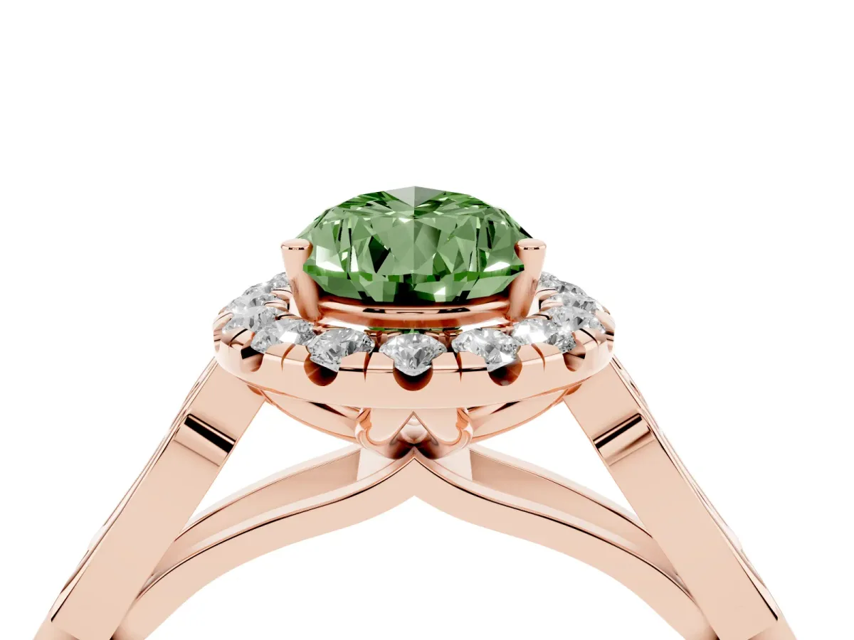 Fancy Green Pear Cut Halo Diamond Engagement Ring with Filigree Band and Four-Prong Setting Rose gold