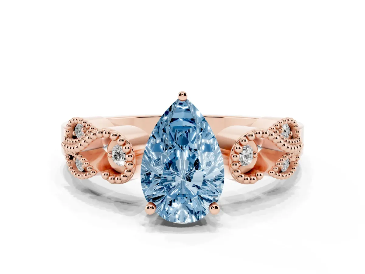 Fancy Blue Pear Cut Solitaire Milgrain Leaf Band with Prong Setting Rose gold