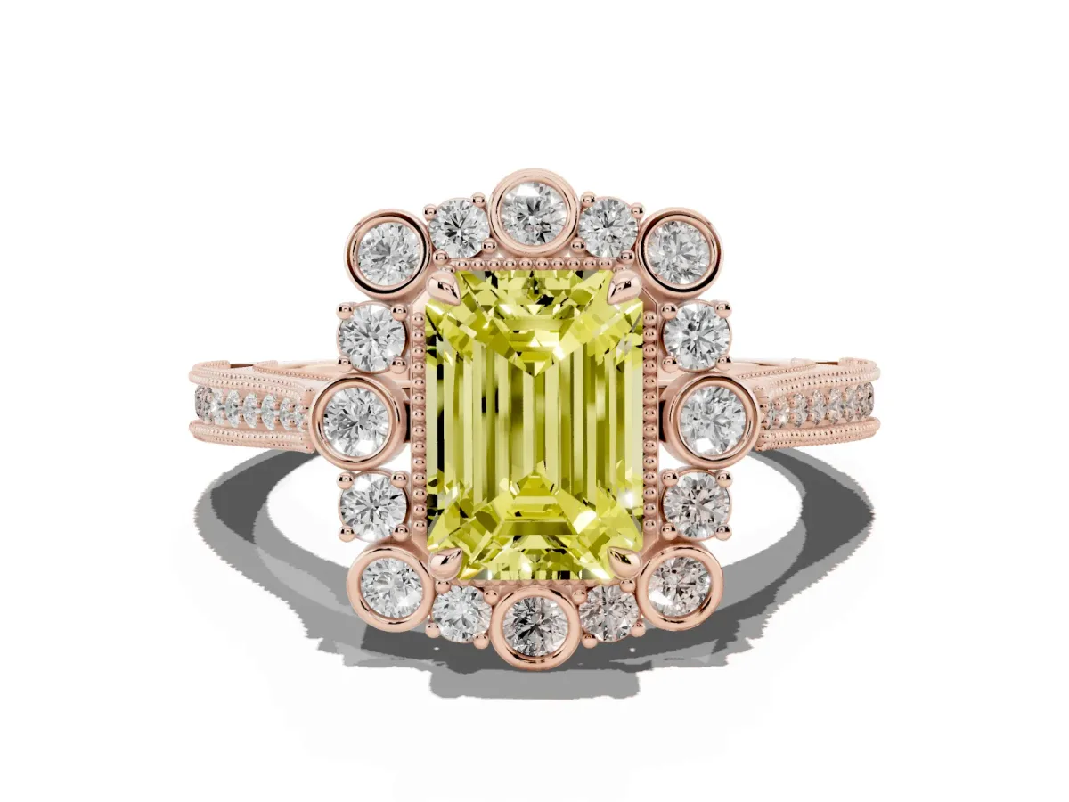 Fancy Yellow Emerald Cut Halo Milgrain Pave Diamond Ring with Four-Prong Setting Rose gold