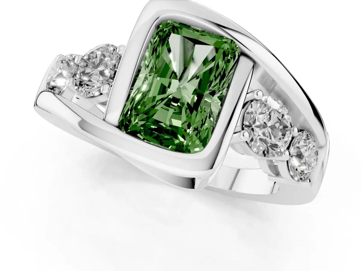 Fancy Green Bezel Set Radiant Cut Diamond Bypass Ring with Round Accents Silver
