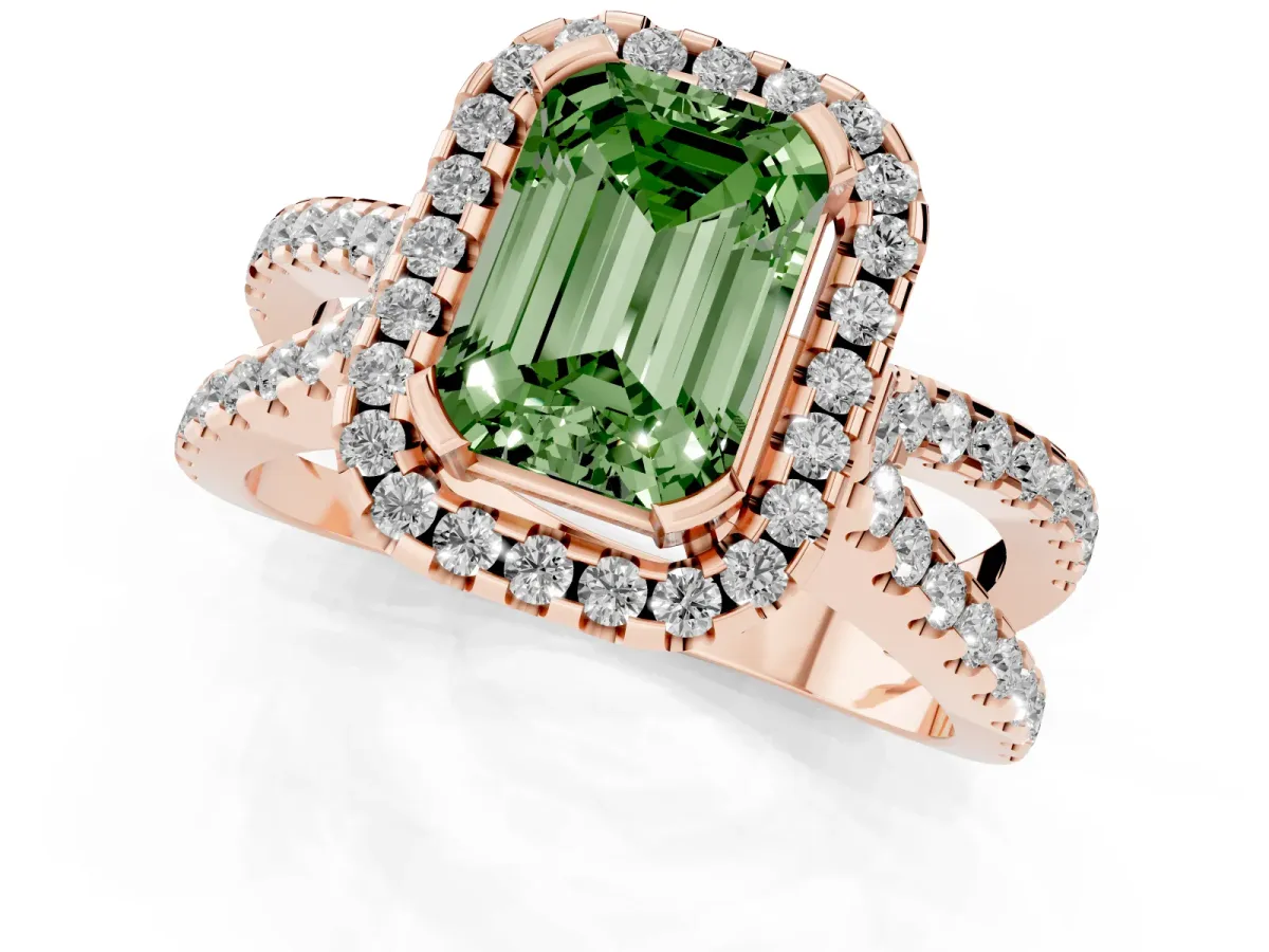 Fancy Green Emerald Cut Diamond Halo Ring with Split Shank Pavé Band and Prong Setting Rose gold