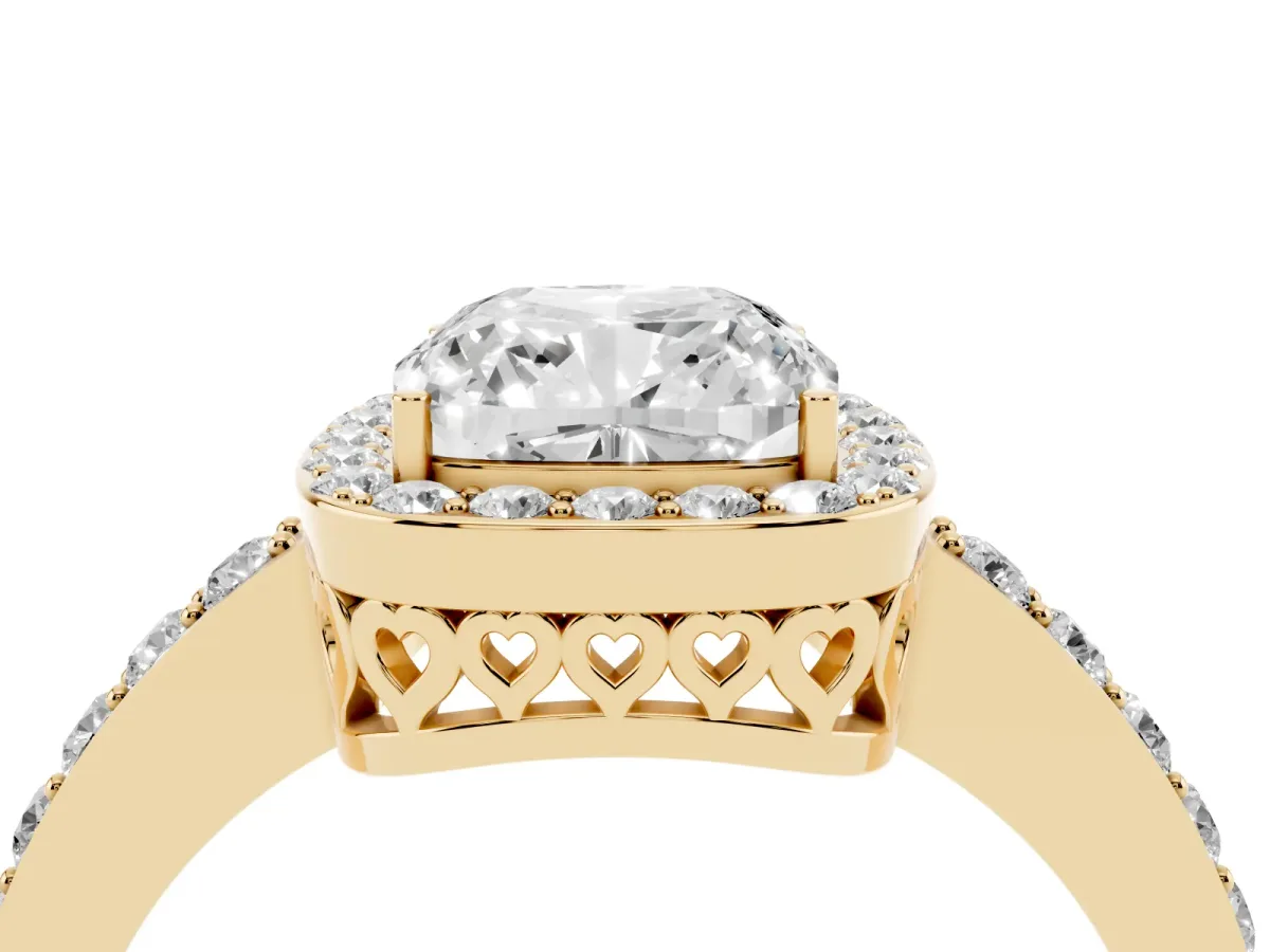 Cushion Cut Halo Diamond Pavé Band Ring with Prong Setting Yellow gold