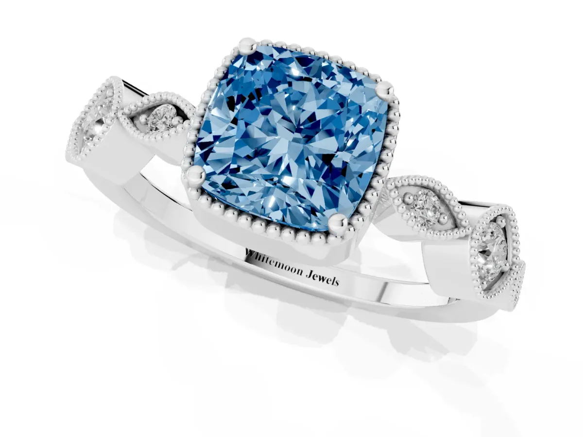 Fancy Blue Cushion Cut Diamond Vintage Milgrain Ring with Round Stations Platinum